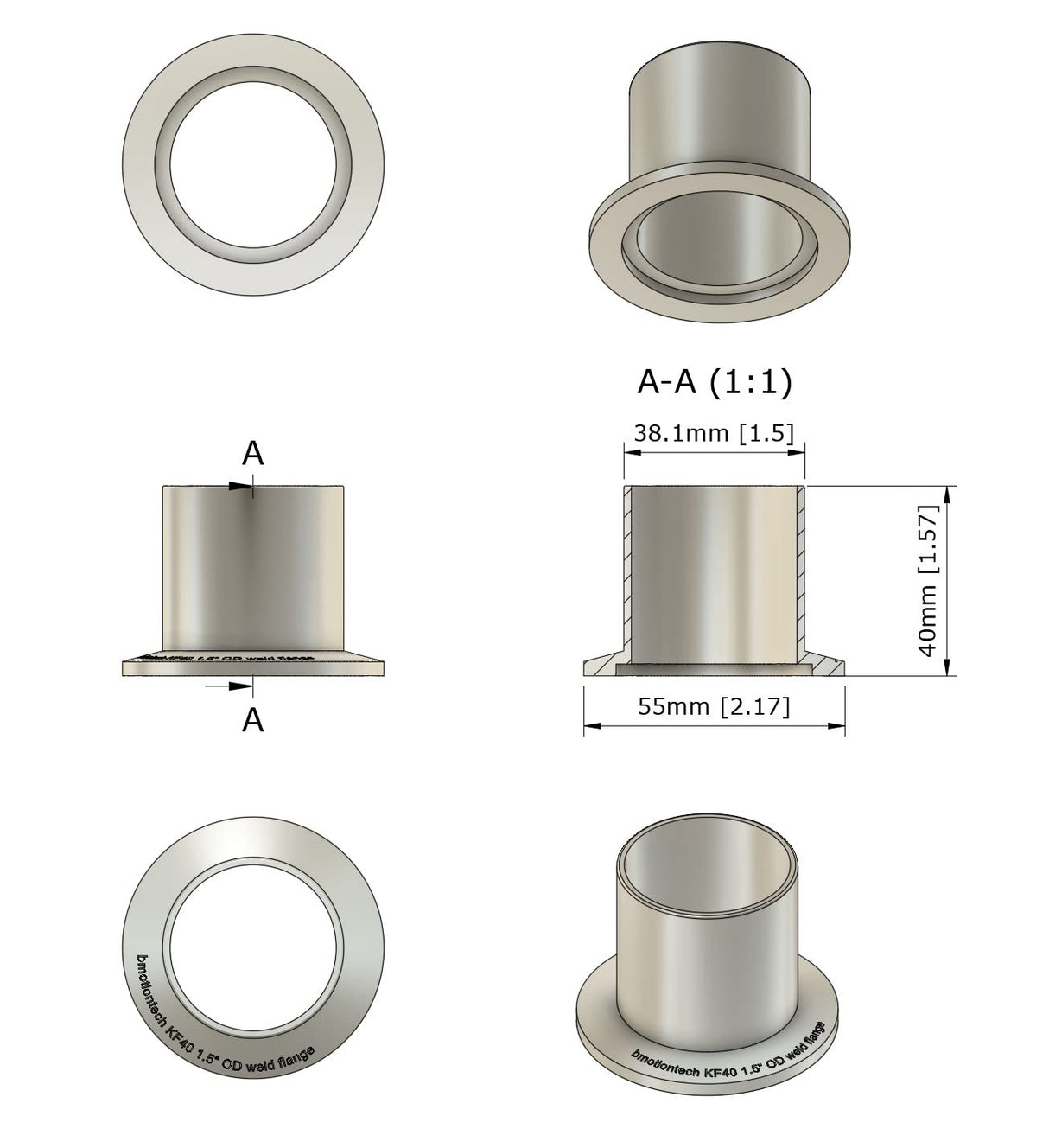 Half nipple / weld stub flange, KF40  flange, 1.5" tube OD,  length = 40mm