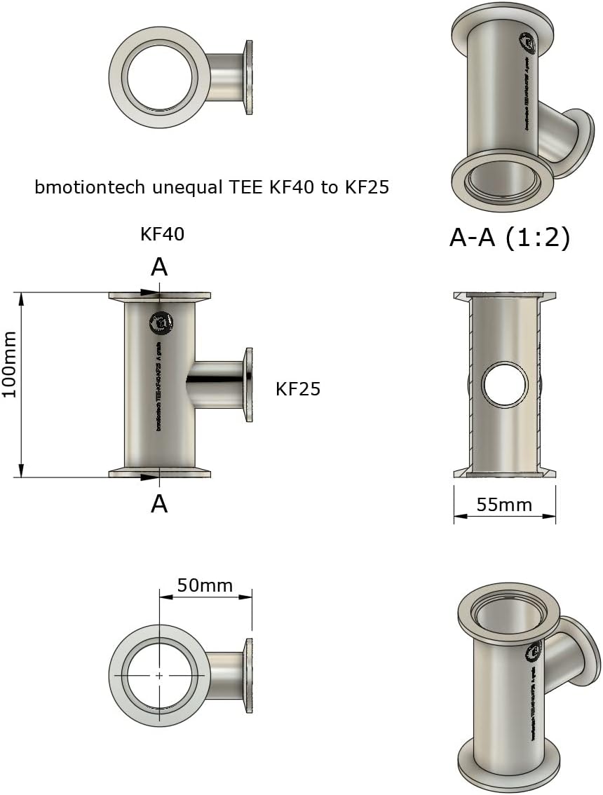 Unequal Tee, KF40 flange to KF25, SS304, Superior grade