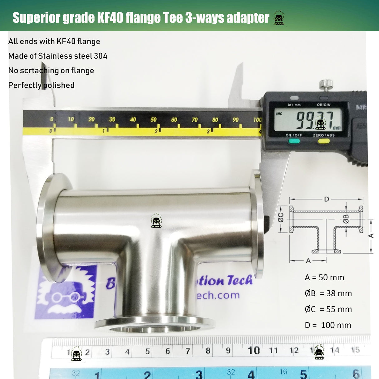 Tee, KF40 flange, SS304, Superior grade