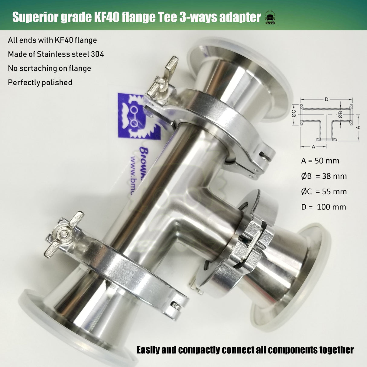 Tee, KF40 flange, SS304, Superior grade