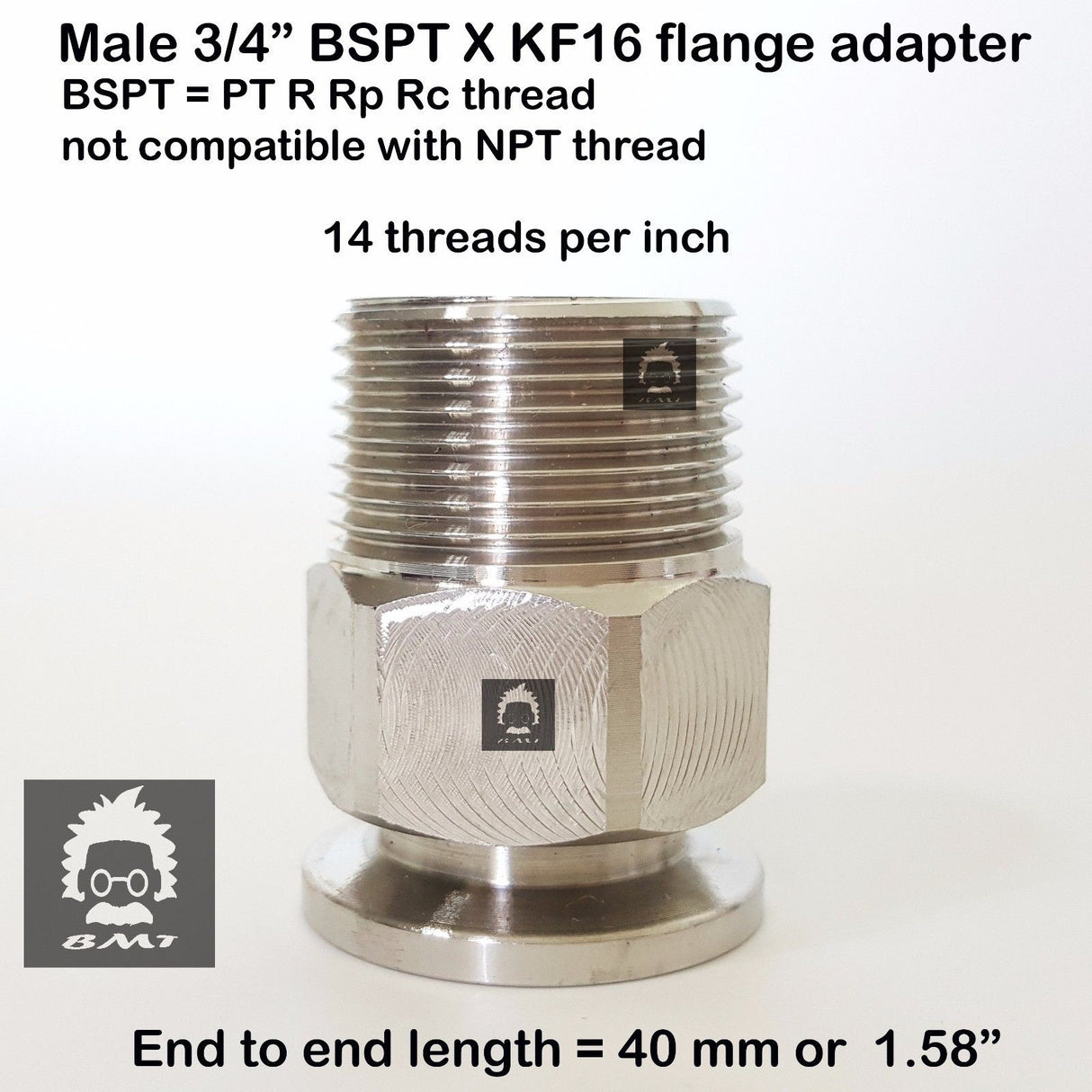 3/4" Male BSP tapered R series X KF16 flange stainless steel vacuum adapter