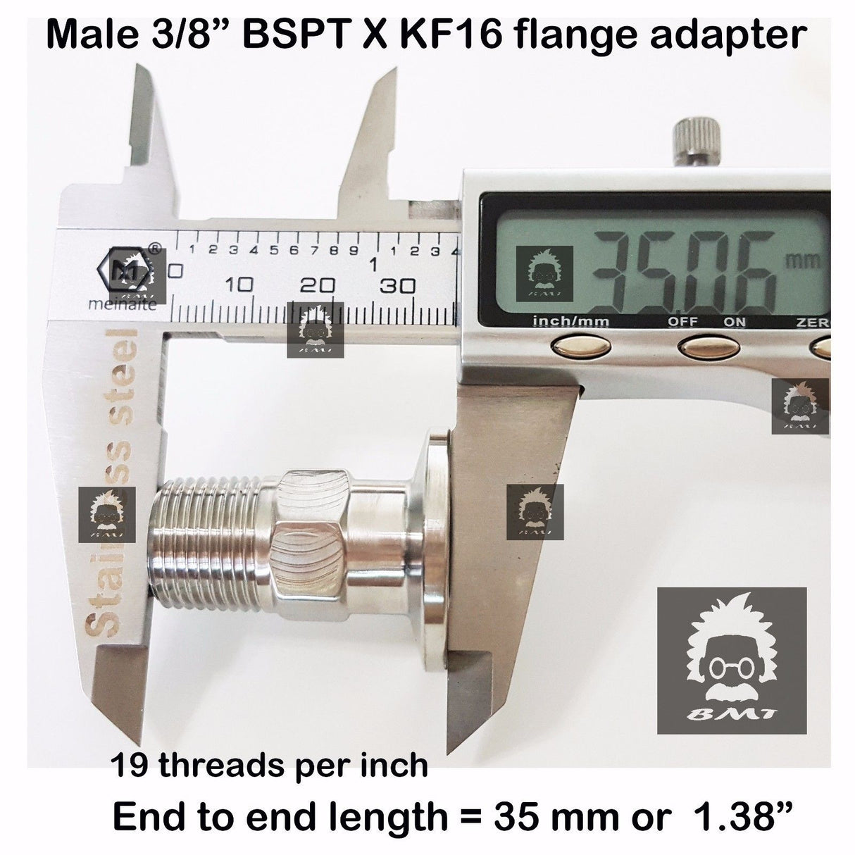 3/8" Male BSP tapered R series X KF16 flange stainless steel vacuum adapter
