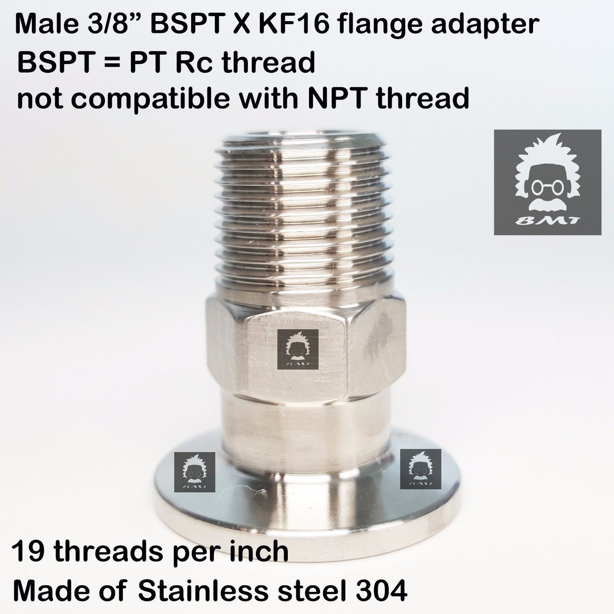 3/8" Male BSP tapered R series X KF16 flange stainless steel vacuum adapter
