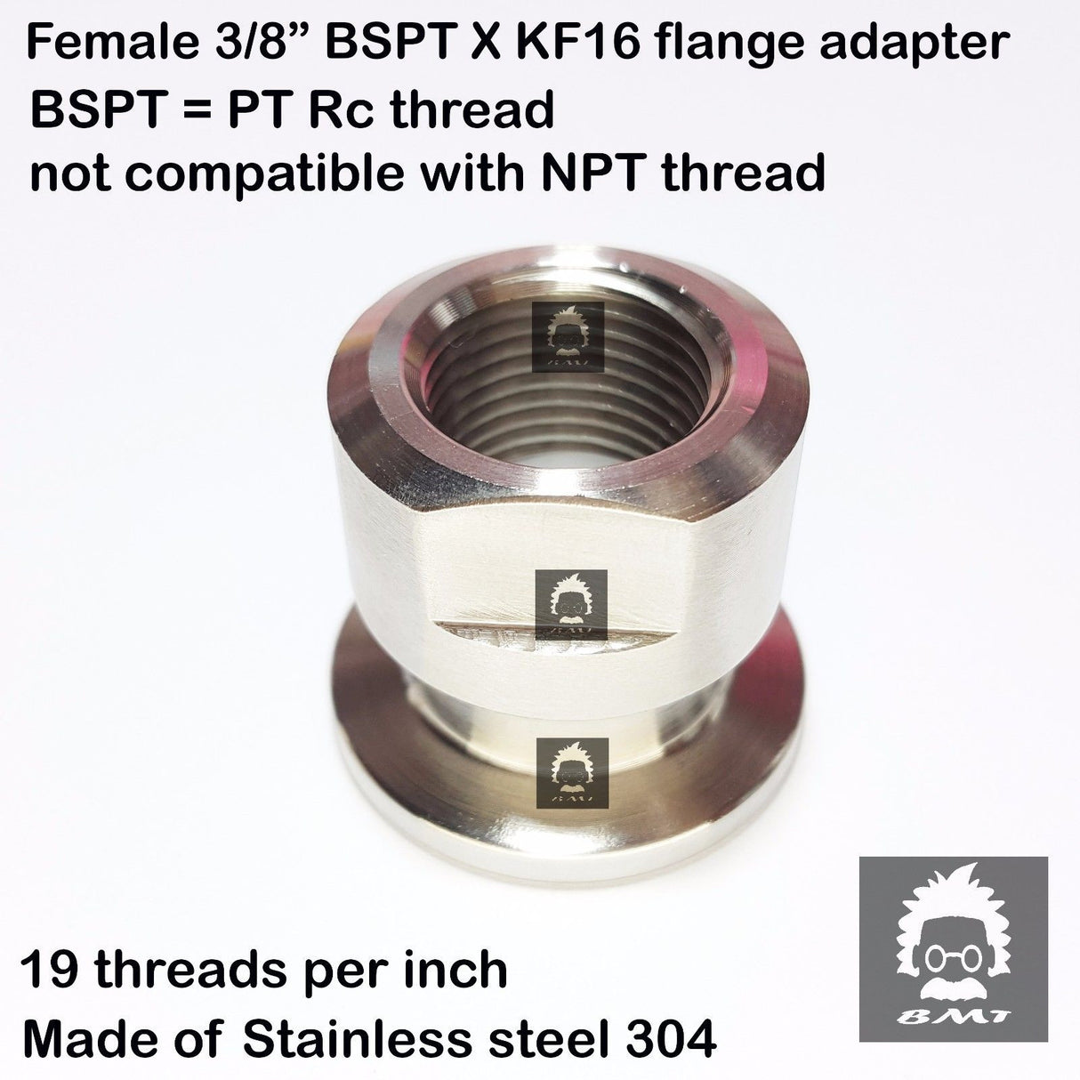 3/8" Female BSP R series x KF16 flange stainless steel vacuum adapter