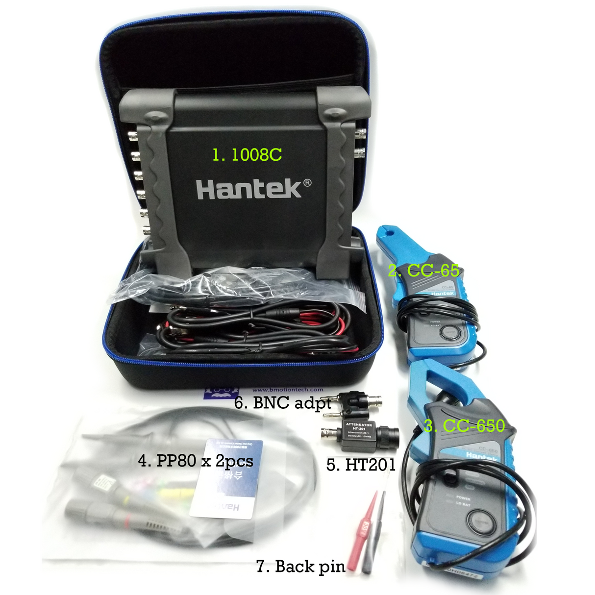 Combo 7 Hantek 1008C CC65 CC650 / PP80 probe 2pcs / backpin 2pcs / BNC /HT201