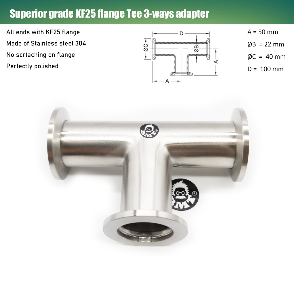 Tee, KF25 flange, SS304, Superior grade