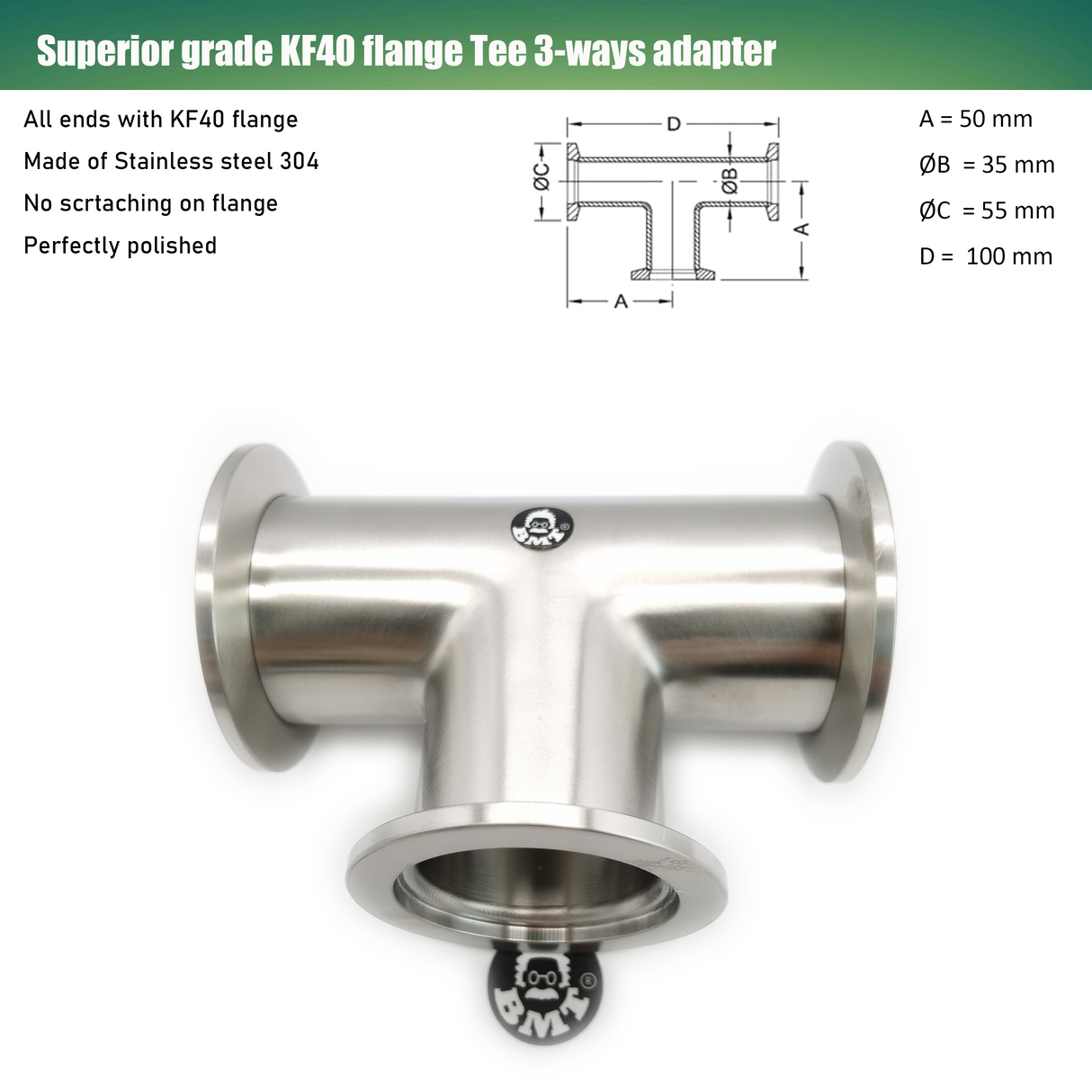 Tee, KF40 flange, SS304, Superior grade, short 100mm