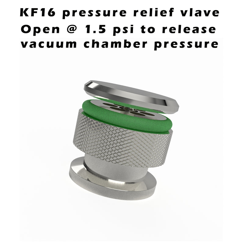 KF16 flange pressure relief valve for vacuum chamber, improved version (< 1.5 Psig)