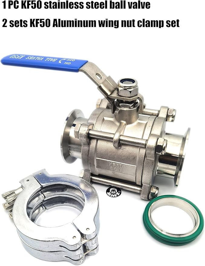 Ball Valve, KF50 flange, with wing nut clamps set