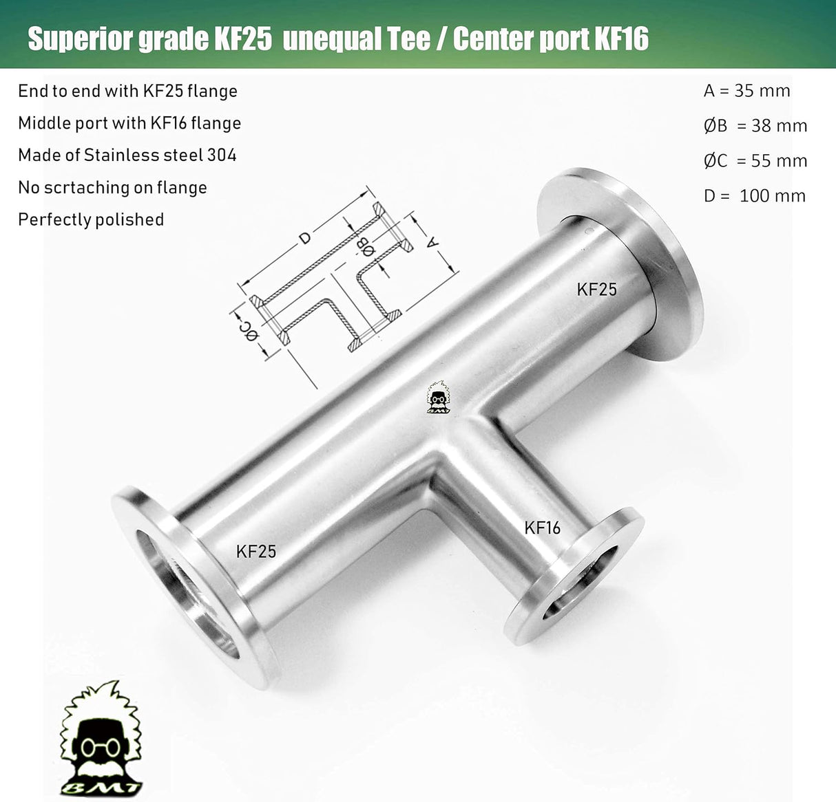 Unequal Tee, KF25 flange to KF16, SS304, Superior grade