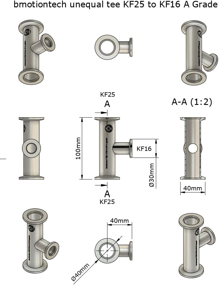 Unequal Tee, KF25 flange to KF16, SS304, Superior grade
