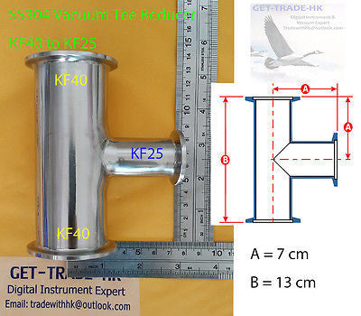 Tee Reducer, Both ends KF-40(NW40) to middle KF-25 (NW25), SS 304