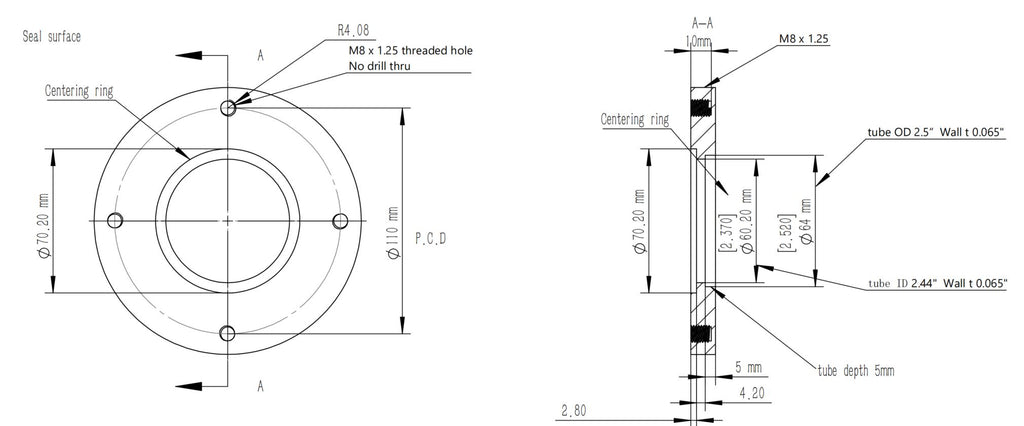 ISO-F 63 weld flange for tube OD 2.5" M8 x 1.25 Blind tapped