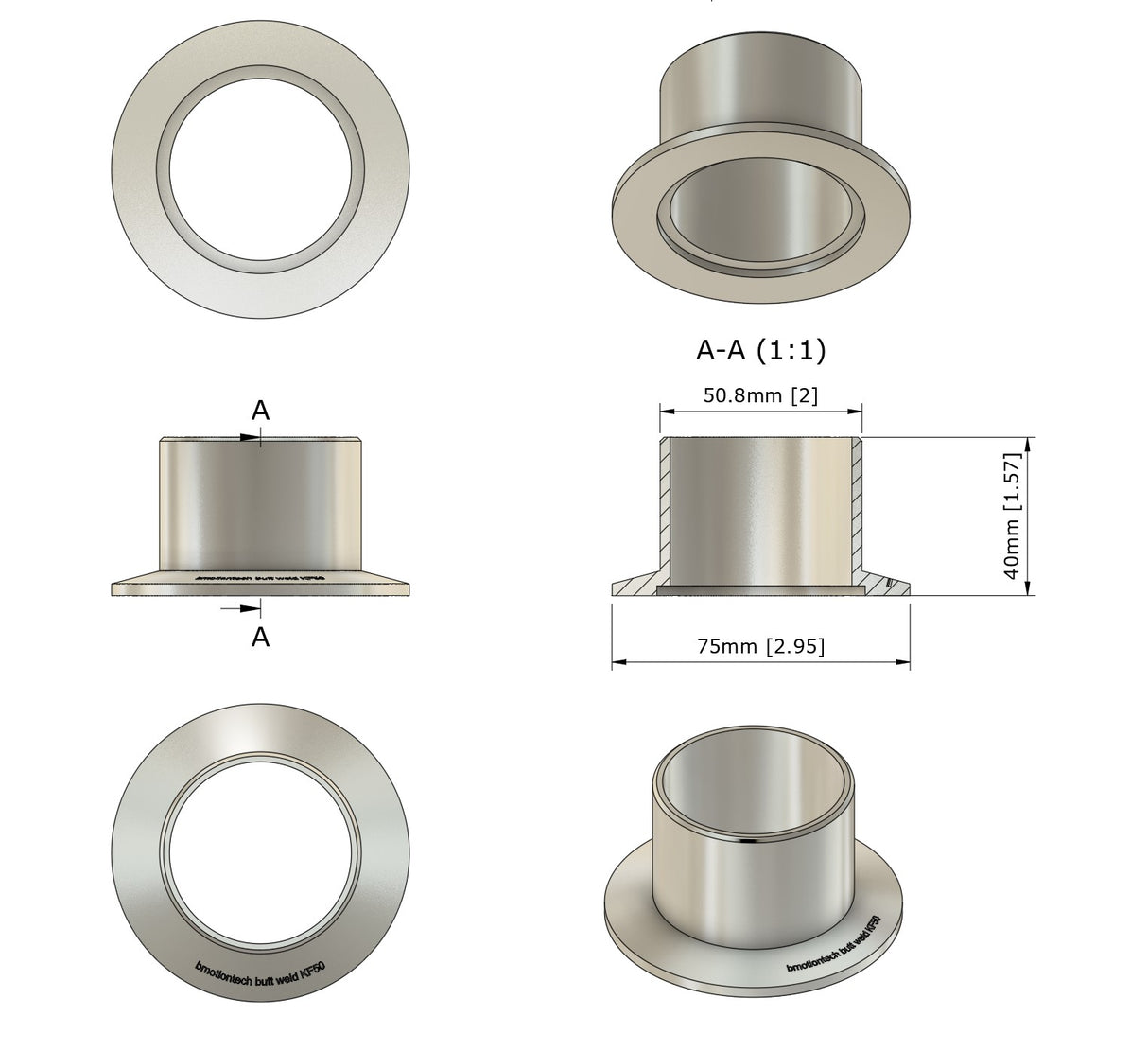 KF, Butt weld flange, for inch tube welding, 40mm end to end